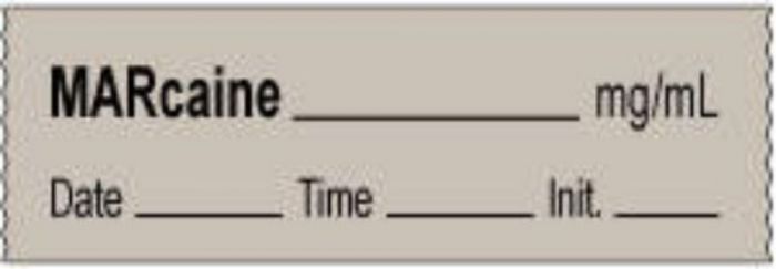 Anesthesia Tape with Date, Time & Initial | Tall-Man Lettering (Removable) Marcaine mg/ml 1/2" x 500" - 333 Imprints - Gray - 500 Inches per Roll