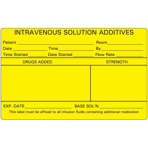 Label Paper Permanent Intravenous, 1" Core, 4" x 2 1/2", Yellow, 500 per Roll