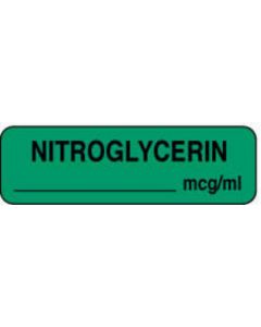 Anesthesia Label (Paper, Permanent) Nitroglycerin mcg/ml 1 1/4" x 3/8" Green - 1000 per Roll