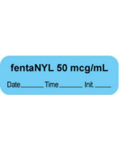 Anesthesia Label with Date, Time & Initial | Tall-Man Lettering (Paper, Permanent) "Fentanyl 50 mcg/ml" 1 1/2" x 1/2" Blue - 1000 per Roll