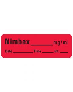 Anesthesia Label with Date, Time & Initial (Paper, Permanent) Nimbex mg/ml Date 1 1/2" x 1/2" Fluorescent Red - 600 per Roll