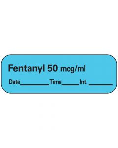 Anesthesia Label with Date, Time & Initial (Paper, Permanent) Fentanyl 50 mcg/ml 1 1/2" x 1/2" Blue - 600 per Roll