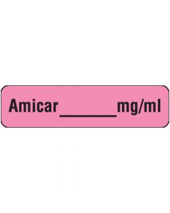 Label Paper Removable AMICAR mg/ml, 1" Core, 1 1/4" x 5/16", Fl. Pink, 760 per Roll