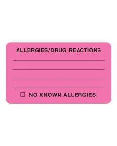 Label Paper Removable Allergies/drug React 3" x 1", 3/4", Fl. Pink, 500 per Roll