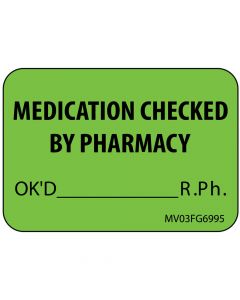 Label Paper Removable Medication Checked, 1" Core, 1 7/16" x 1", Fl. Green, 666 per Roll