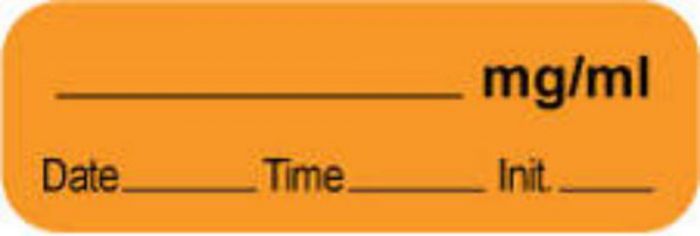 Anesthesia Label with Date, Time & Initial (Paper, Permanent) mg/ml 1 1/2" x 1/2" Orange - 1000 per Roll
